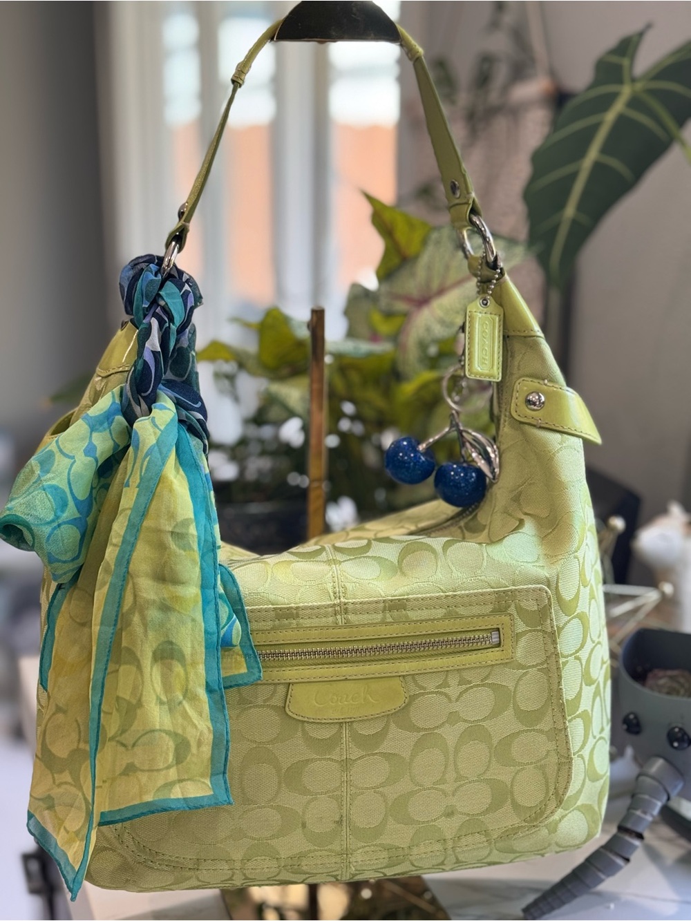 Coach Signature Lime Green Penelope Hobo Jacquard Bag + Scarf & cherries 🍒